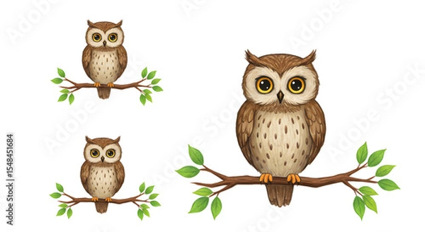 Fototapeta Three charming owls perched on branches, showcasing their unique features against a simple white background