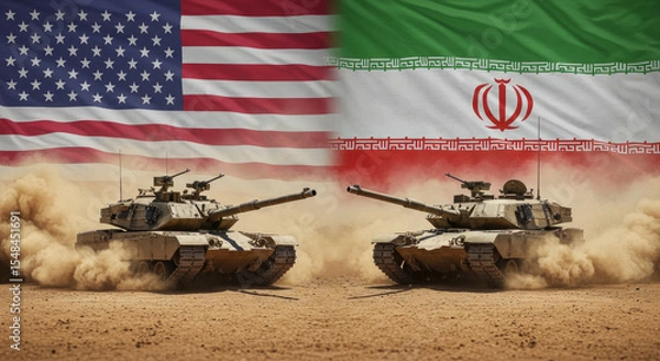Fototapeta The United States and Iran in confrontation with tanks