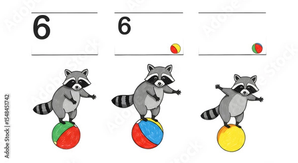 Fototapeta Three playful raccoons balancing on colorful balls, showcasing numbers while engaging in a fun learning activity
