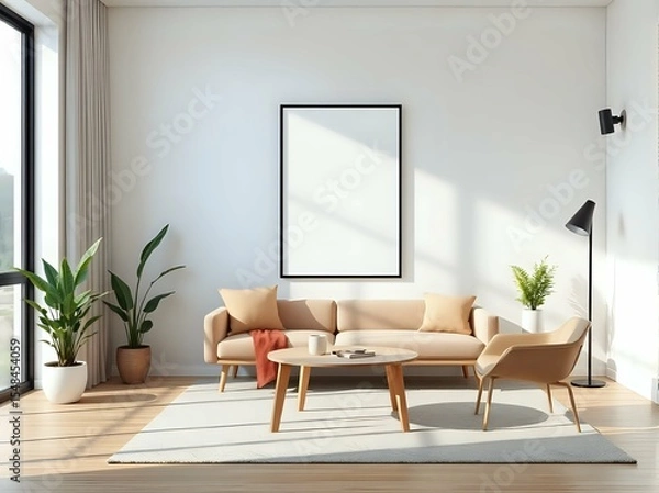 Fototapeta 3d japandi studio apartment interior with geometric wall art and space-saving modern furniture in minimal neutral palette