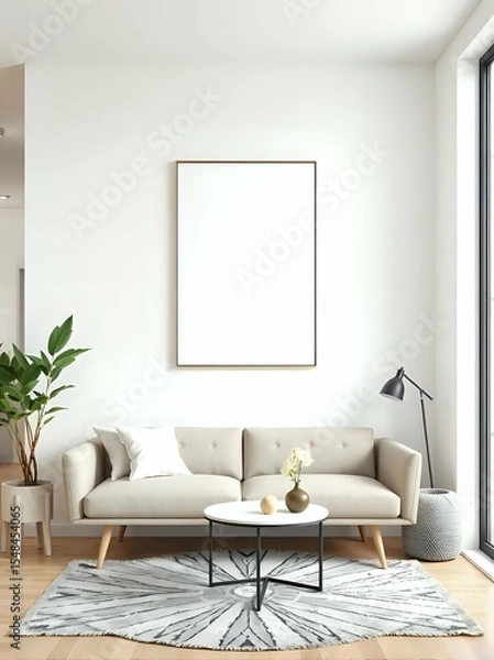 Fototapeta 3d japandi studio apartment interior with geometric wall art and space-saving modern furniture in minimal neutral palette