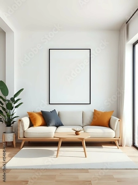 Fototapeta 3d japandi studio apartment interior with geometric wall art and space-saving modern furniture in minimal neutral palette