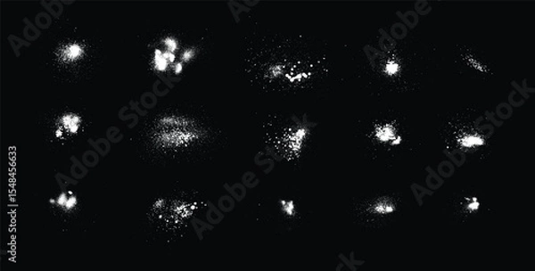 Fototapeta Spray Paint Splatter Set, Vector White Ink Mist and Grunge Spray Effect on Black Background.