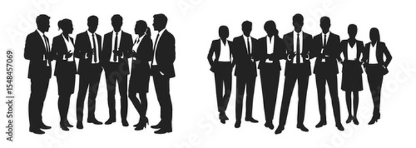 Fototapeta Two business teams standing in group formation silhouette vector illustration. Includes diverse men and women in formal outfits representing professional collaboration.