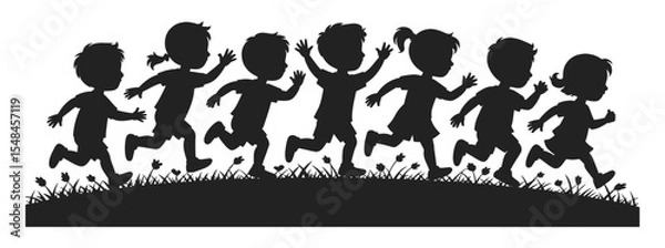 Fototapeta Silhouettes of children running uphill on grassy field with flowers, black and white vector illustration set. Group of boys and girls in motion with joyful expressions and playful energy.
