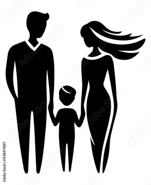 Fototapeta The black and white logo of a family consisting of a mom, dad and child on a white isolated background. Vector graphics. EPS.