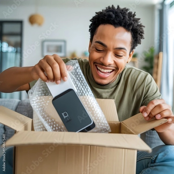 Obraz Happy Man Unboxing New Smartphone Cardboard Box Bubble Wrap