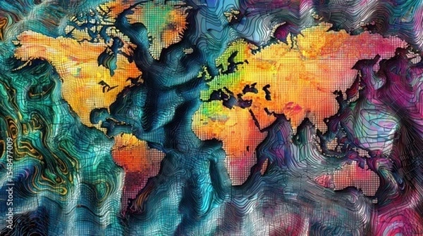 Fototapeta Abstract world map art with vibrant colors and texture