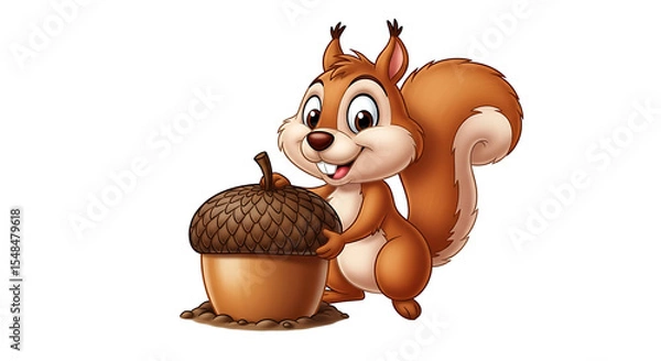 Fototapeta Cartoon squirrel standing next to a large acorn with a happy expression on a black background scene on transparent background