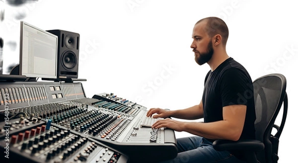 Fototapeta A man with a beard sitting in front of a large audio mixing console in a recording studio setting on transparent background