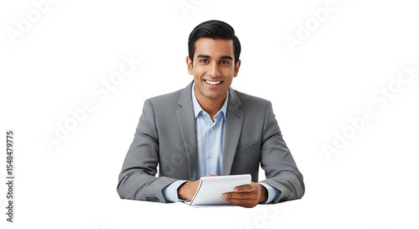 Fototapeta A smiling man in a gray suit holding a white notepad against a black background is looking forward on transparent background