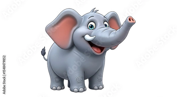 Fototapeta A cartoon elephant with big ears and tusks smiling on a black background in a full body shot view on transparent background