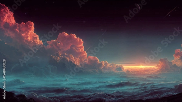 Obraz Surreal Sunrise Over Glowing Cloudscape with Distant Planet