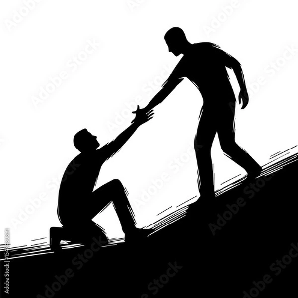 Fototapeta A black and white silhouette of a man extending a helping hand to another. A symbol of support. White isolated background. Vector graphics. EPS.