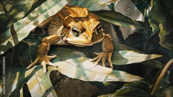 Fototapeta Detailed close up of a toad in its natural environment amidst green foliage
