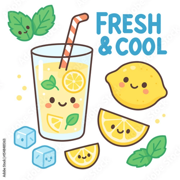 Fototapeta A cute kawaii-style vector set featuring lemonade with citrus slices, mint leaves, ice cubes, and a fun “Fresh & Cool” lettered phrase. Bright and fun summer drink concept.