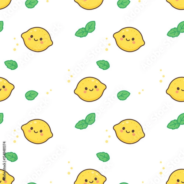 Fototapeta Seamless repeating pattern featuring whole lemons and mint leaves in a kawaii and minimal flat style. Perfect for summer-themed packaging, fabric, and digital backgrounds.