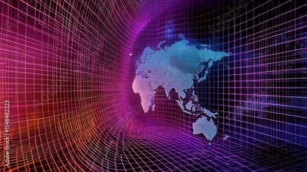 Fototapeta World map in a 3 d grid with vibrant colors technology and global connection