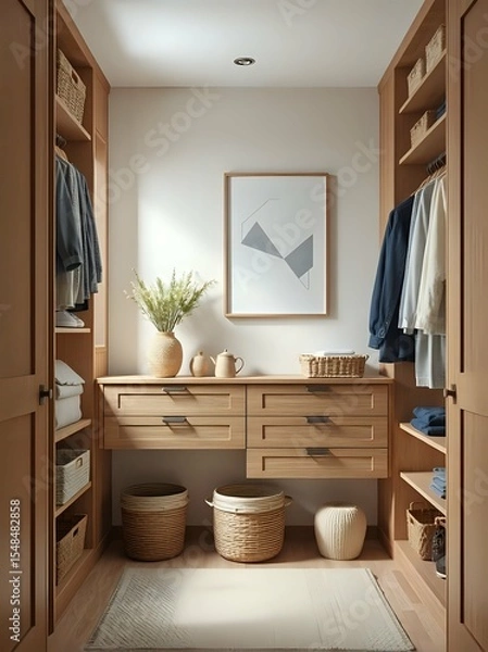 Fototapeta japandi style walk-in closet 3d render with geometric art and natural wood shelving in soft earthy palette