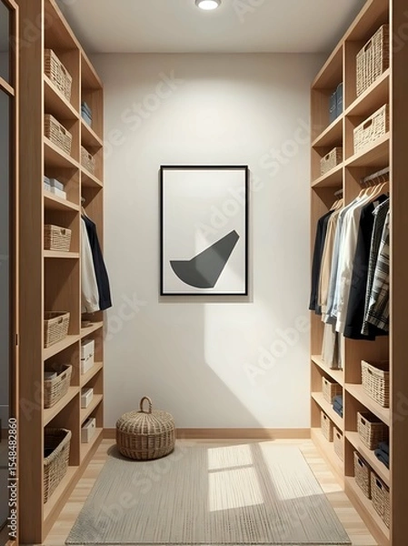 Fototapeta japandi style walk-in closet 3d render with geometric art and natural wood shelving in soft earthy palette