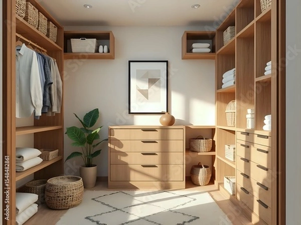 Fototapeta japandi style walk-in closet 3d render with geometric art and natural wood shelving in soft earthy palette