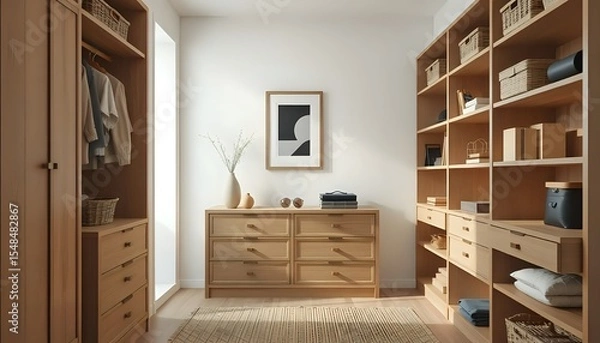 Fototapeta japandi style walk-in closet 3d render with geometric art and natural wood shelving in soft earthy palette