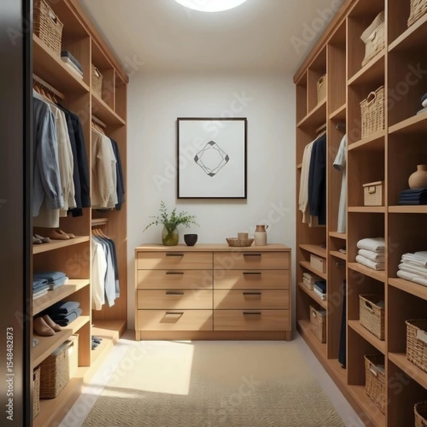 Fototapeta japandi style walk-in closet 3d render with geometric art and natural wood shelving in soft earthy palette