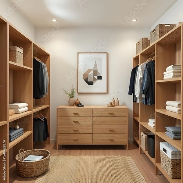 Fototapeta japandi style walk-in closet 3d render with geometric art and natural wood shelving in soft earthy palette