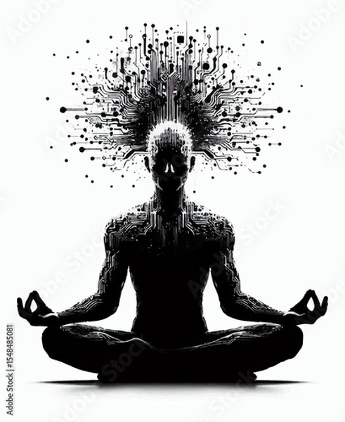 Fototapeta A black and white silhouette of a cyborg in a state of meditation who materializes his ideas on a white isolated background. vector graphics. EPS.