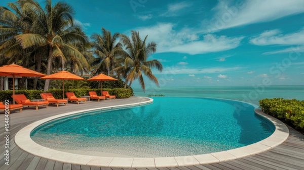 Fototapeta A pool with palm trees and umbrellas in the background. The pool is surrounded by chairs and is filled with water