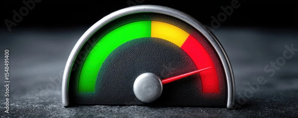 Fototapeta Gauge measuring customer service satisfaction indicates critically poor level. This indicator shows bad rating with needle deep in red zone reflecting urgent risk and needed improvement