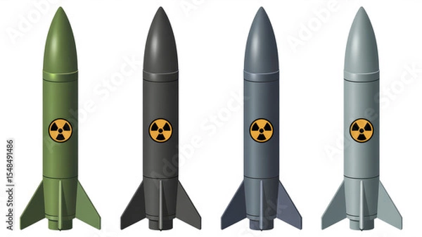 Fototapeta Four different colored rockets with the word "radiation" on them. The rockets are green, black, gray, and white
