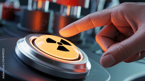 Fototapeta A hand is pressing a button with a radioactive symbol on it. The button is orange and the symbol is black
