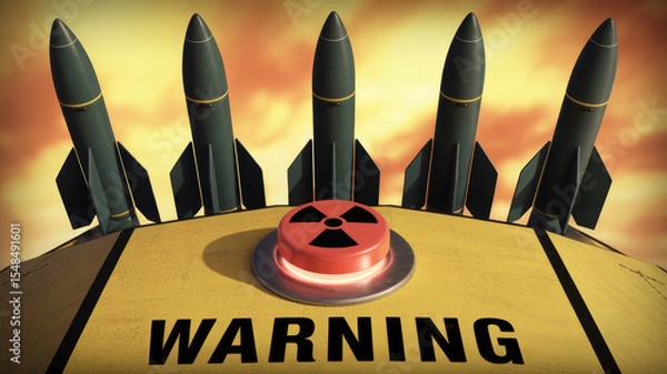Fototapeta A warning sign is on top of a yellow object with five rockets on it. The rockets are black and red