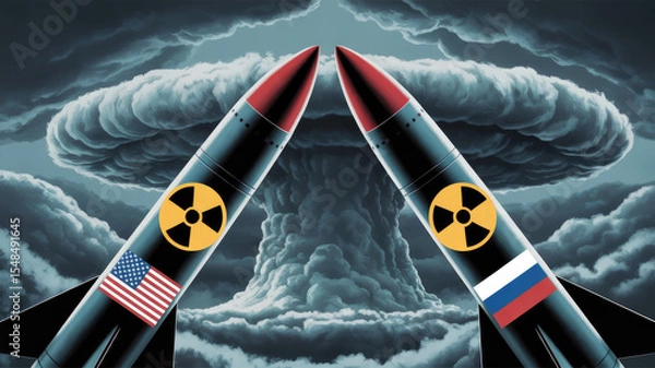 Fototapeta Two rockets are flying in opposite directions, one of which is labeled with a yellow and red warning sign