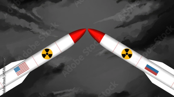 Fototapeta Two rockets are flying in opposite directions, one of which is labeled with a yellow and red warning sign