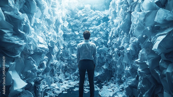 Obraz Businessman lost in paper maze, overwhelmed by paperwork