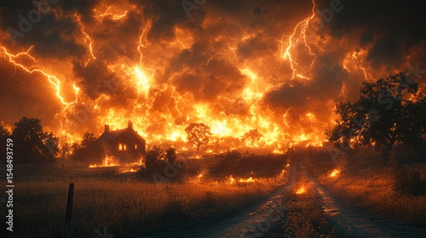 Obraz Burning house in field, lightning storm