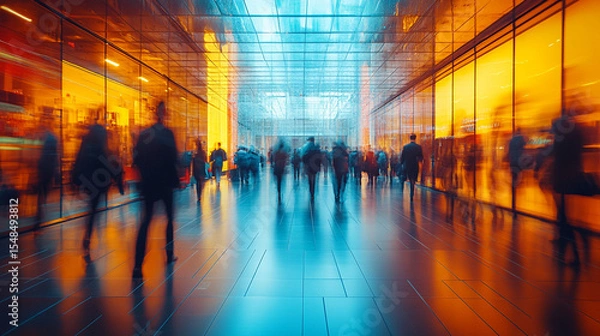 Obraz Blurred people walking in modern illuminated corridor at night