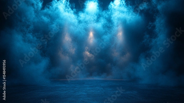 Obraz Blue spotlights illuminate smoky dark stage for product placement
