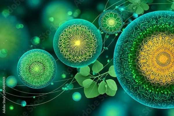 Obraz Abstract design with glowing spheres and leaves