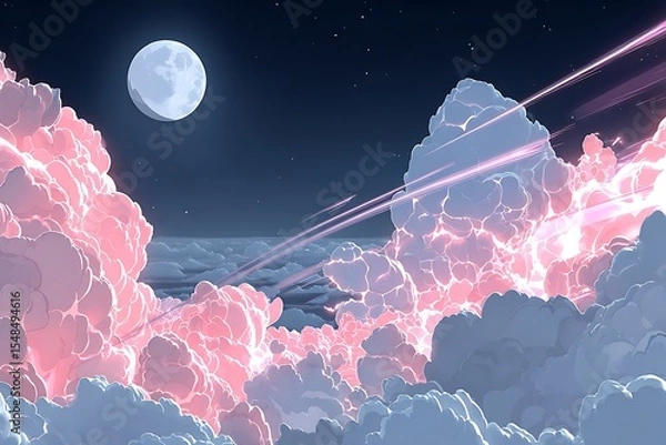 Obraz Pink clouds at night with a moon
