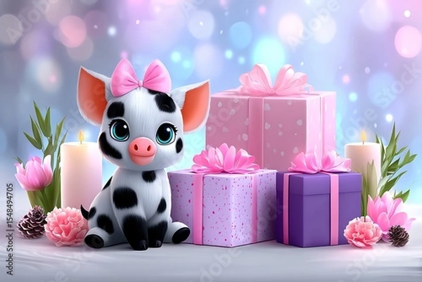 Obraz Cute pig with presents