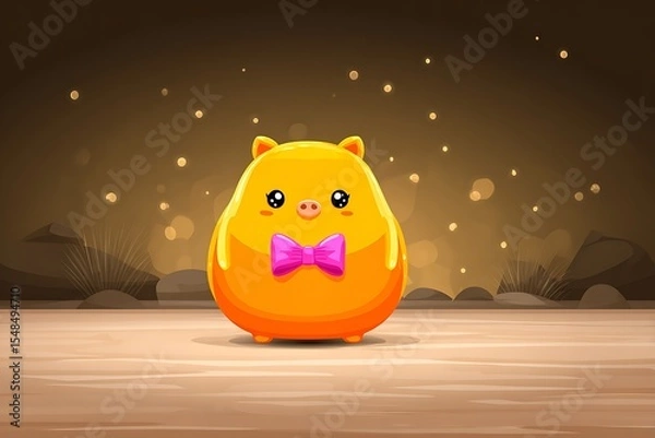 Obraz Cute pig with bow tie on wooden stage