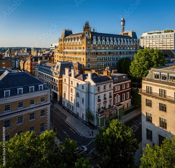 Fototapeta Aerial view of Cavendish Square Gardens in London surrounded by classic architecture, roads, and vehicles on a bright summer day.