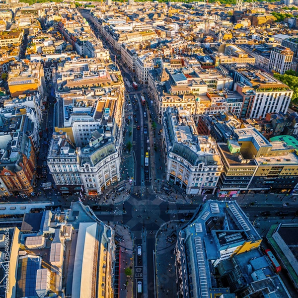 Fototapeta Aerial view of Regent Street in London with its sweeping curve, elegant architecture, red buses, and busy city streets on a clear day.