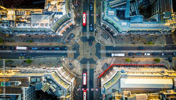 Fototapeta Aerial view of Oxford Circus in London with busy streets, iconic architecture, and red double-decker buses on a clear, sunny day