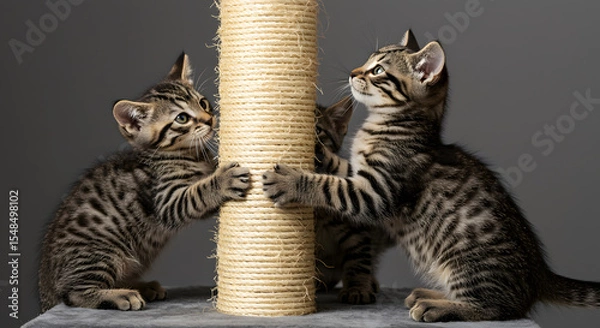Fototapeta Cute Tabby Kittens Playing at Scratching Post in Sunlit Room