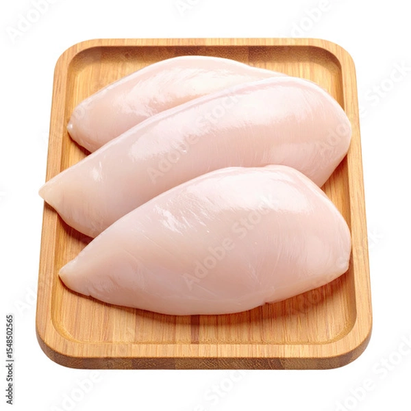 Fototapeta Fresh raw chicken breasts displayed on a wooden cutting board, ideal for healthy meal preparation and cooking.