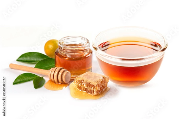 Obraz Glass bowl of honey , honey jar, honey comb with leaves isolated on white background.